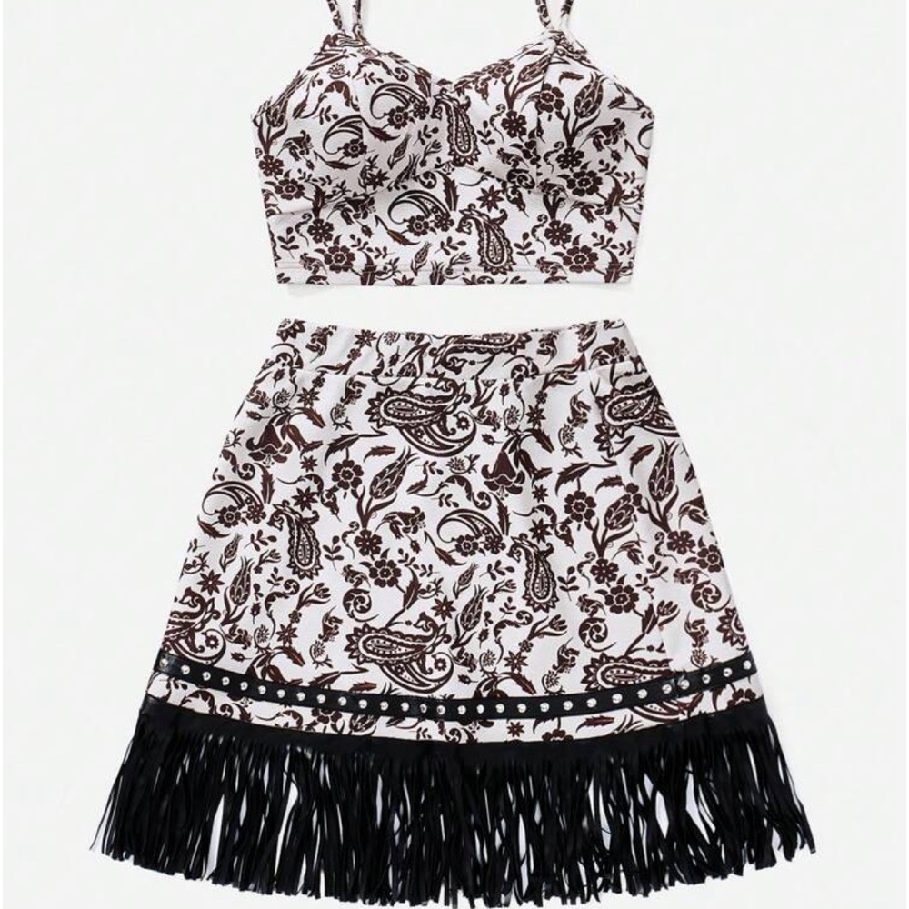 White & Brown paisley skirt and top with black leather accents